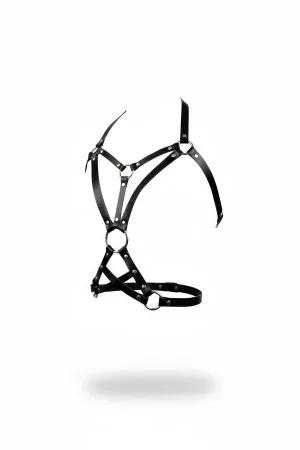 Black Faux Leather Multi-Strap Body Harness for Women with Silver O-Rings and Adjustable Buckles