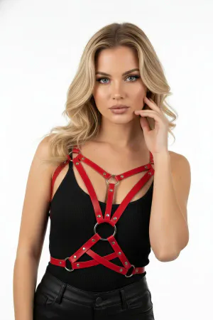 Red Faux Leather Chest Harness Women Adjustable Studded Straps