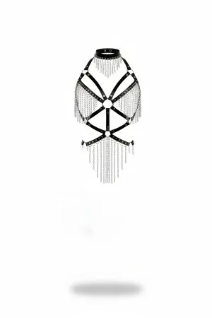 Siyah metalik zincirli body harness choker yaka dikişsiz yapı