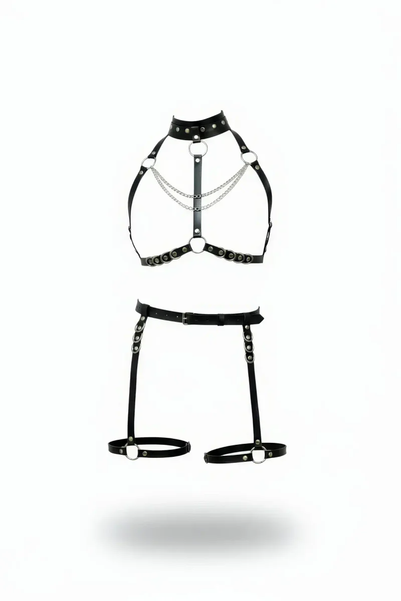 Black Faux Leather Body Harness Set with Silver O-Rings and Chains