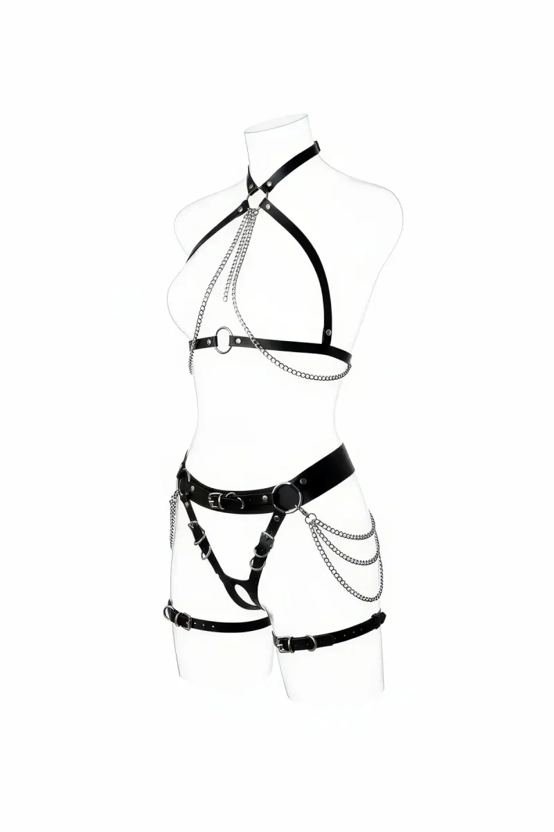 Black Faux Leather Full Body Harness with Silver Chains