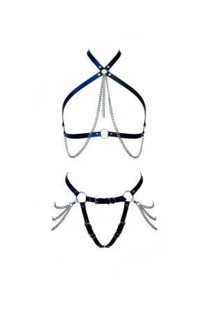 Black Faux Leather Harness Set with Silver Chains and O-Rings