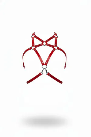 Red Faux Leather Star Chest Harness with Silver O-Rings and Clasps