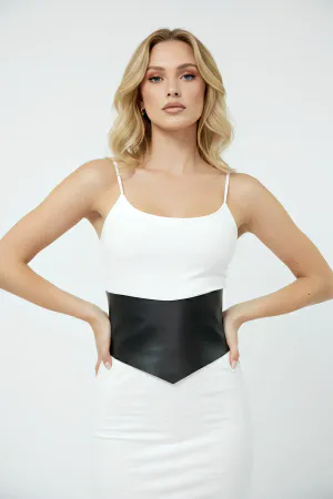 Black Faux Leather V-Front Waspie Waist Cincher Belt worn over white dress