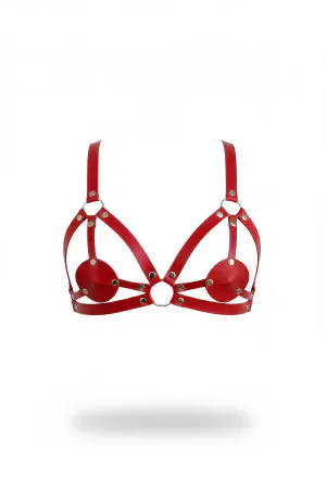 Red Faux Leather Harness Bra with Fixed Nipple Covers and Silver O-Ring