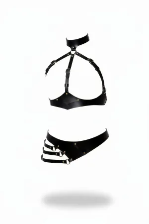 Black Faux Leather Harness Bra and Waist Belt Set with Choker Collar