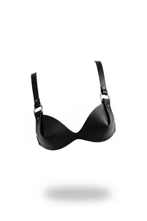 Black Faux Leather Bra Harness Structured Cups Silver O-Ring Details