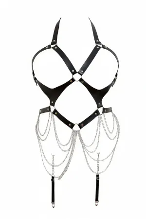 Black faux leather body harness with layered silver chain garters