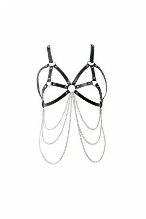 Black Caged Faux Leather Harness Bra with Draping Silver Chains