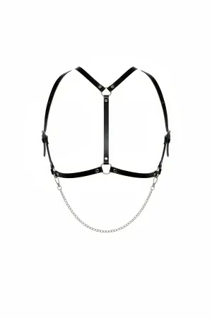 Black Faux Leather Chest Harness with Detachable Chain and O-Rings