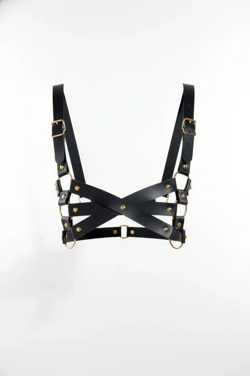 Siyah kadın deri vücut harnessı, çapraz strap detaylı, gold halkalı
