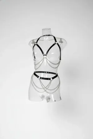 Black Faux Leather Harness Set Cascading Silver Chains Adjustable Straps