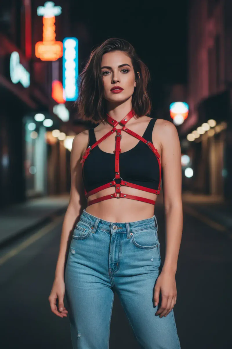 Kırmızı deri vücut harness, çıkarılabilir zincir detayı yakın çekim
