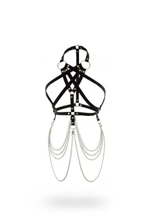 Black Faux Leather Body Harness with Silver O-Rings, Adjustable Straps, and Cascading Draped Chains