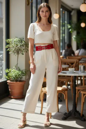Wide Red Faux Leather Double Buckle Belt with Silver Hardware