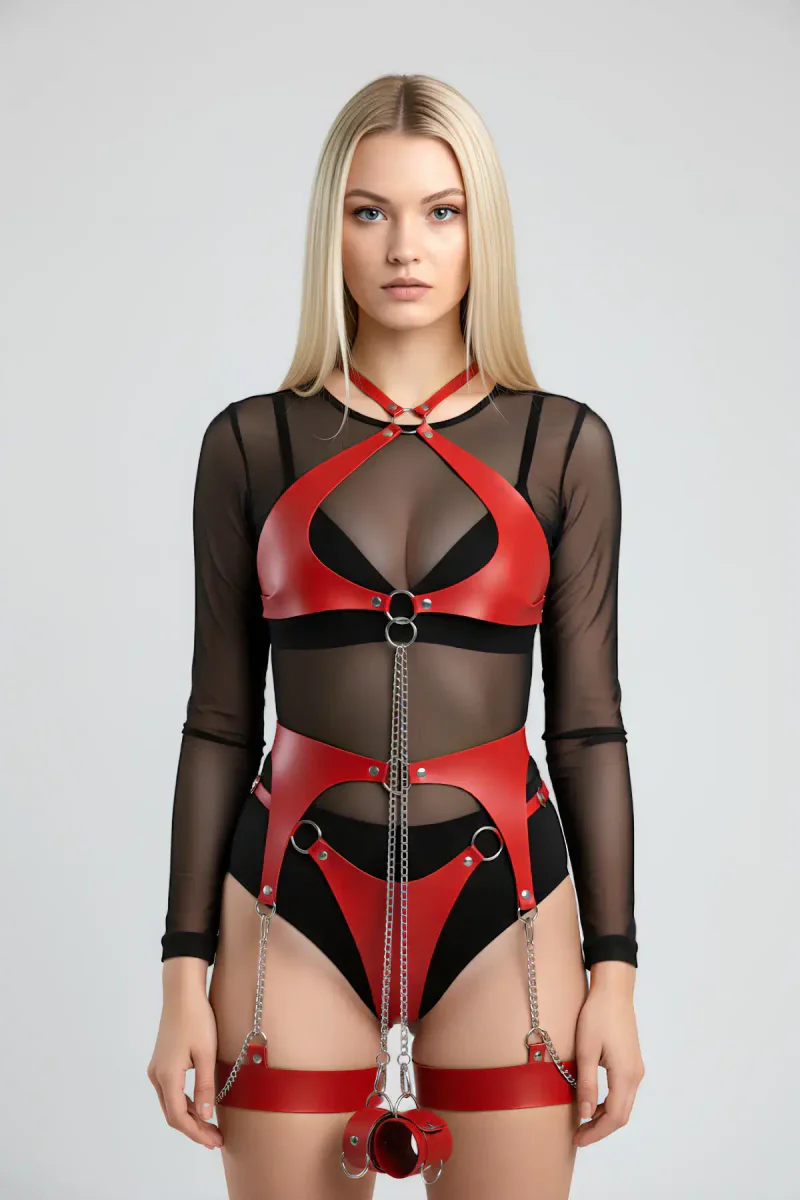 Red Faux Leather Full Body Harness with Thigh Straps and Silver Chain Detail