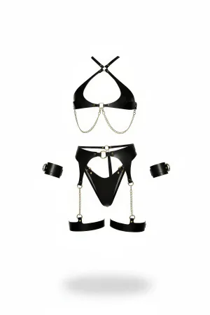 Black Faux Leather Harness Set with Chain Detail and Cuffs