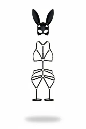 Black Faux Leather Full Body Harness with Bunny Mask Set for Women