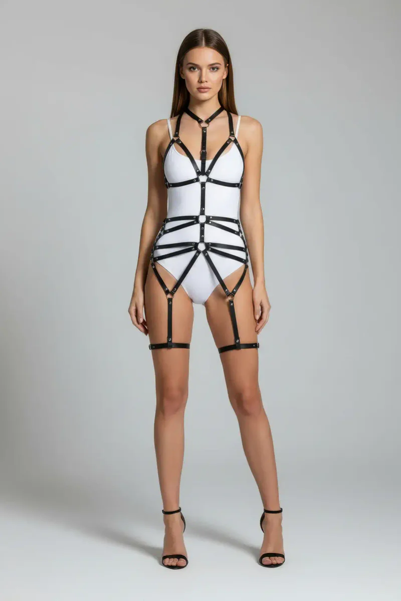 Black faux leather full body harness festival outfit
