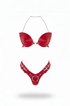 Red Faux Leather Bra and Harness Panty Set with Silver Chain Detail