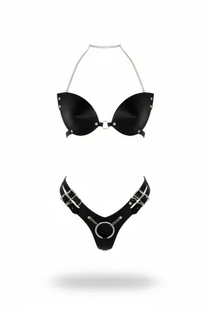 Black Faux Leather Halter Bralette Thong Harness Set Silver Hardware
