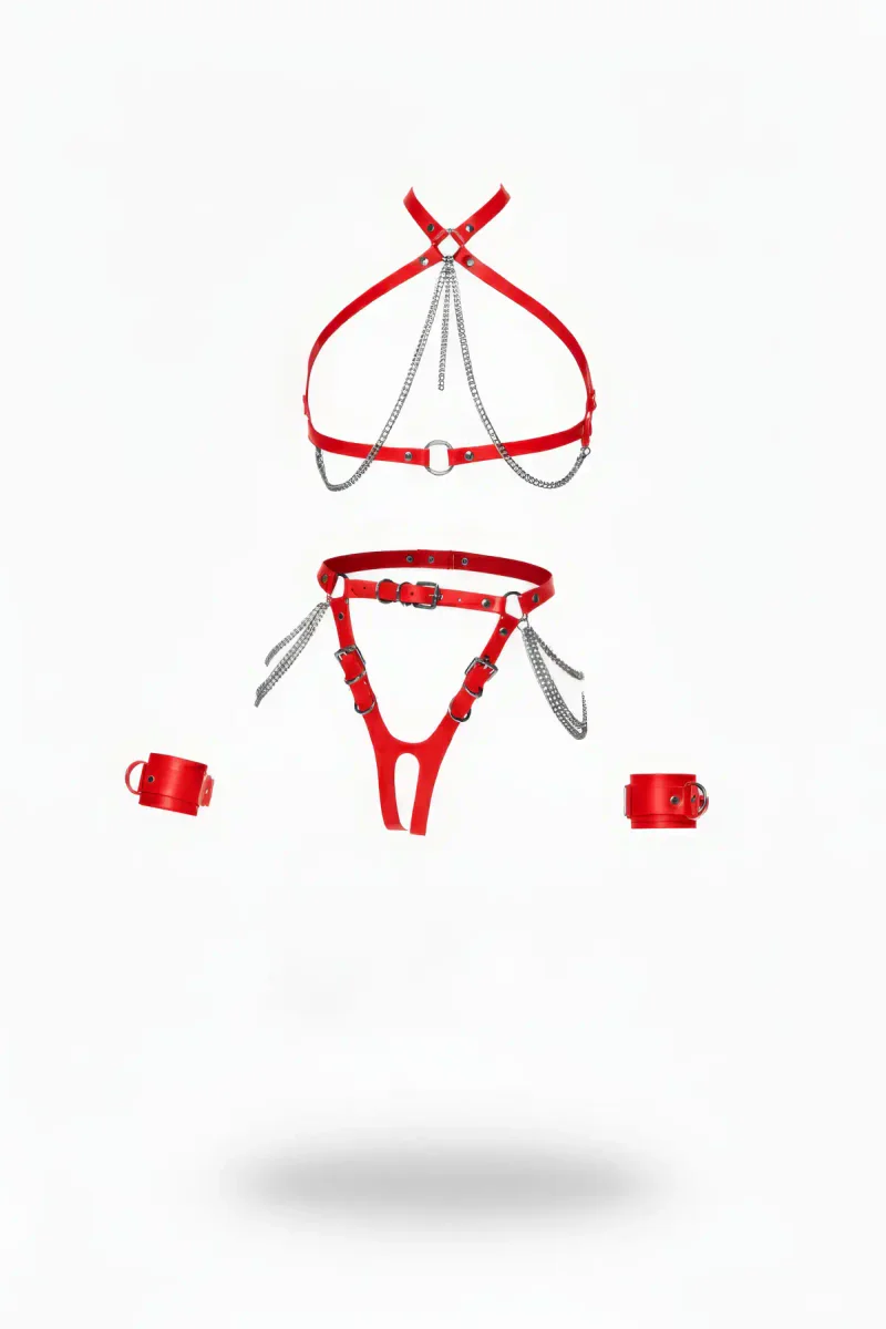 Red Faux Leather Body Harness Set with Chains Cuffs