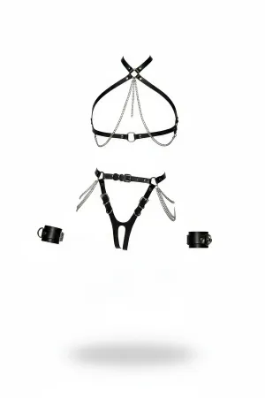 Black Faux Leather Chain Body Harness Set with Wrist Cuffs