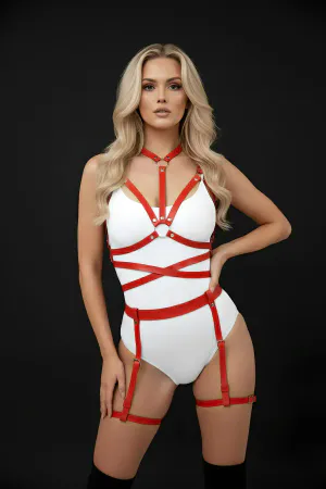 Red Caged Body Harness Vegan Leather Adjustable Thigh Straps
