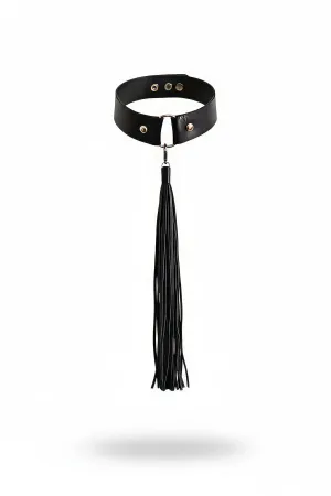Black faux leather choker with detachable tassel fringe and silver D-ring hardware