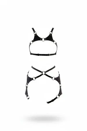 Black Faux Leather O-Ring Harness Set Women with Strappy Bra and Garter Skirt