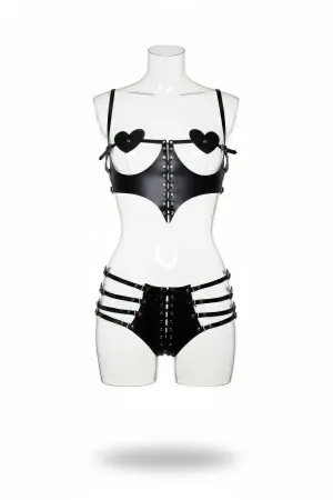 Black Faux Leather Caged Harness Set with Heart Pasties and Lace-Up Detail