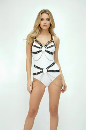 Black Faux Leather Full Body Harness with O-Rings and Draped Silver Chains
