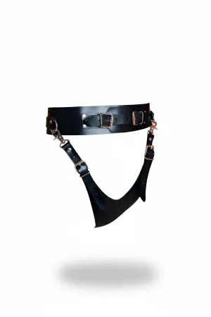 Black Faux Leather Wide Strap Thong Harness Adjustable Buckle Belt