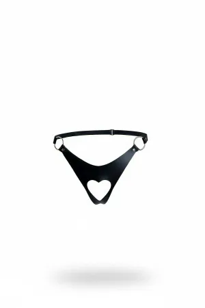 Black Faux Leather Thong with Heart Cut-Out and O-Rings