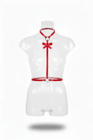 Red Vegan Leather Choker Body Harness with Decorative Bow Detail