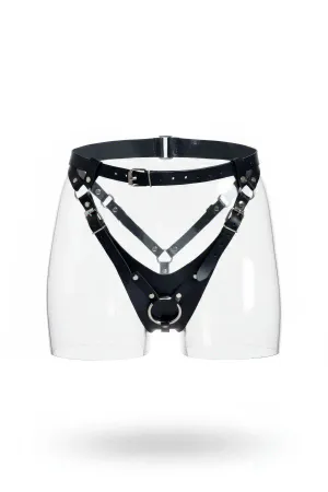 Siyah PU deri vücut harness ve jartiyer seti, ayarlanabilir kayışlar ve metal halka detayları.