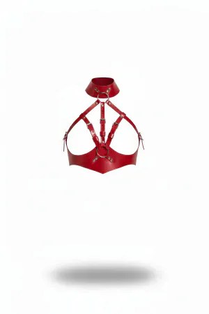 Red Faux Leather Caged Chest Harness with Choker and Silver O-Rings
