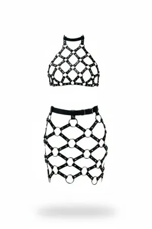 Black faux leather cage harness set with halter crop top and O-ring skirt