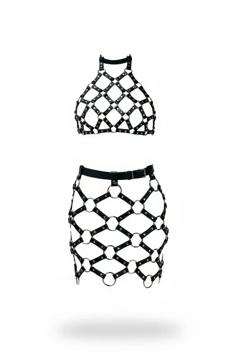 Black faux leather cage harness set with halter crop top and O-ring skirt