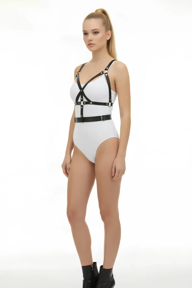 Siyah suni deri çoklu şeritli ayarlanabilir kadın body harness modeli
