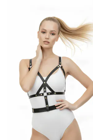 Black Caged Faux Leather Body Harness with Studded Waist Belt