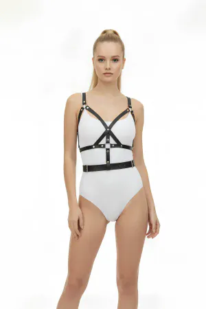 Black Caged Faux Leather Body Harness with Studded Waist Belt