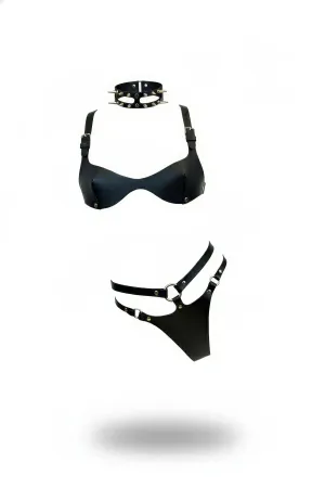 Black Studded Faux Leather Bralette and Thong Harness Set with Choker
