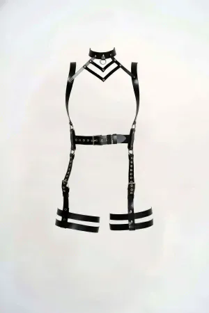 Black Faux Leather Body Harness with Chevron Chest and Thigh Garters