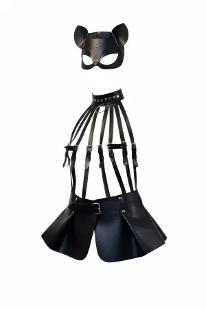 Black Faux Leather Harness Skirt with Studded Cat Mask Set