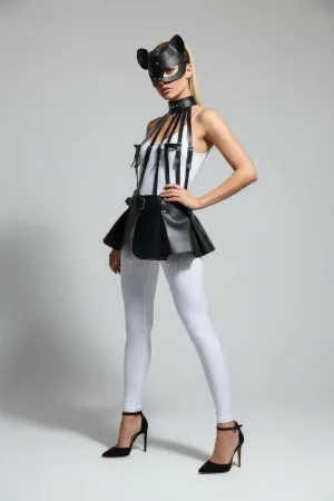 Siyah Suni Deri Peplum Kemer Detaylı Ayarlanabilir Askılı Harness Etek