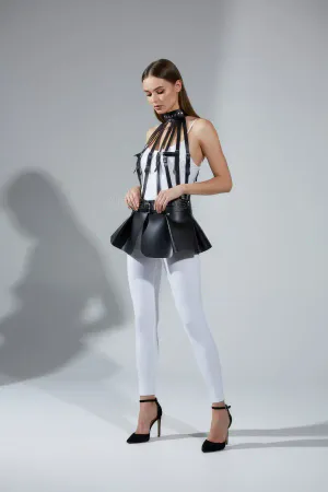 Siyah Suni Deri Peplum Kemer Detaylı Ayarlanabilir Askılı Harness Etek