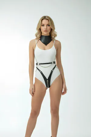 Black Faux Leather Full Body Harness with Choker and Zipper, worn on model
