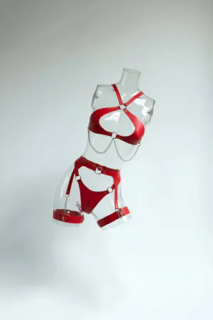 Red Faux Leather Body Harness Set Women Silver Chains O-Rings