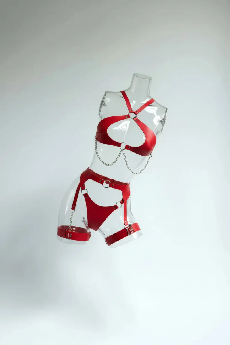 Red Faux Leather Body Harness Set Women Silver Chains O-Rings